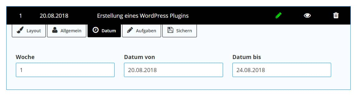 Datum und Ausbildungswoche