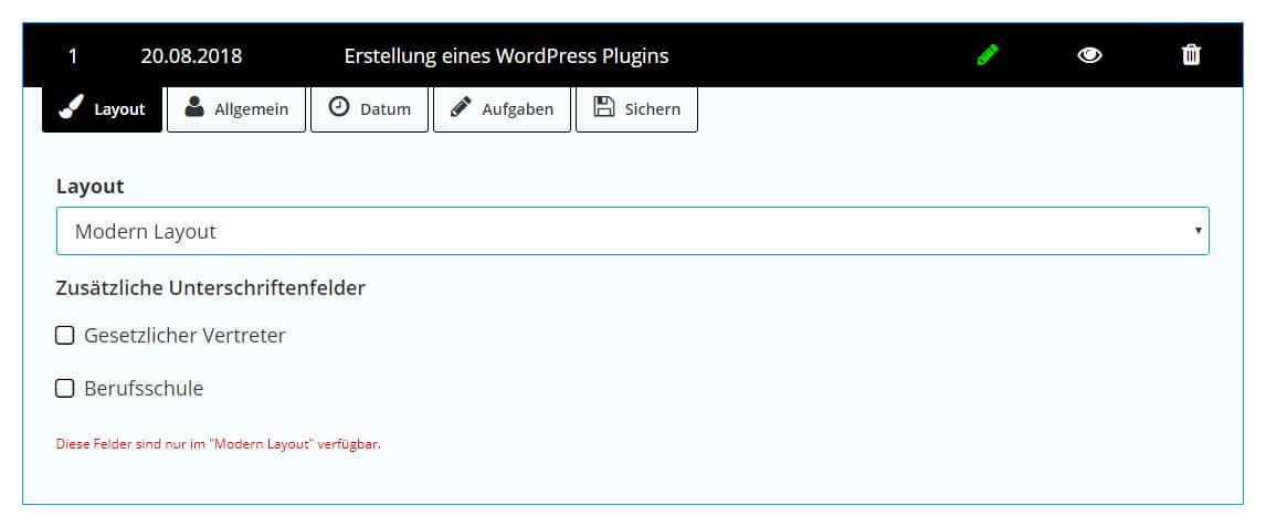 Layout des Online-Berichtsheft