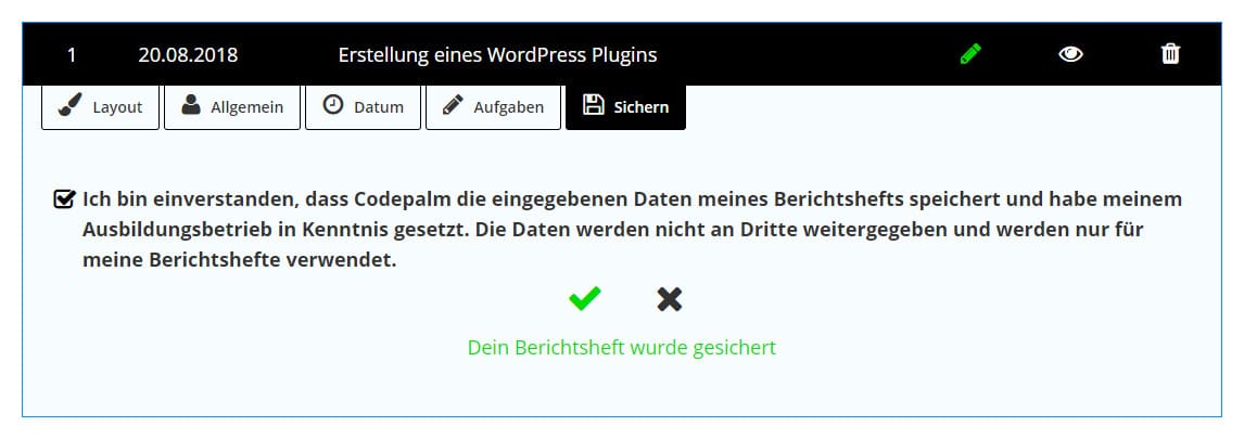 Das erstellte Berichtsheft sichern